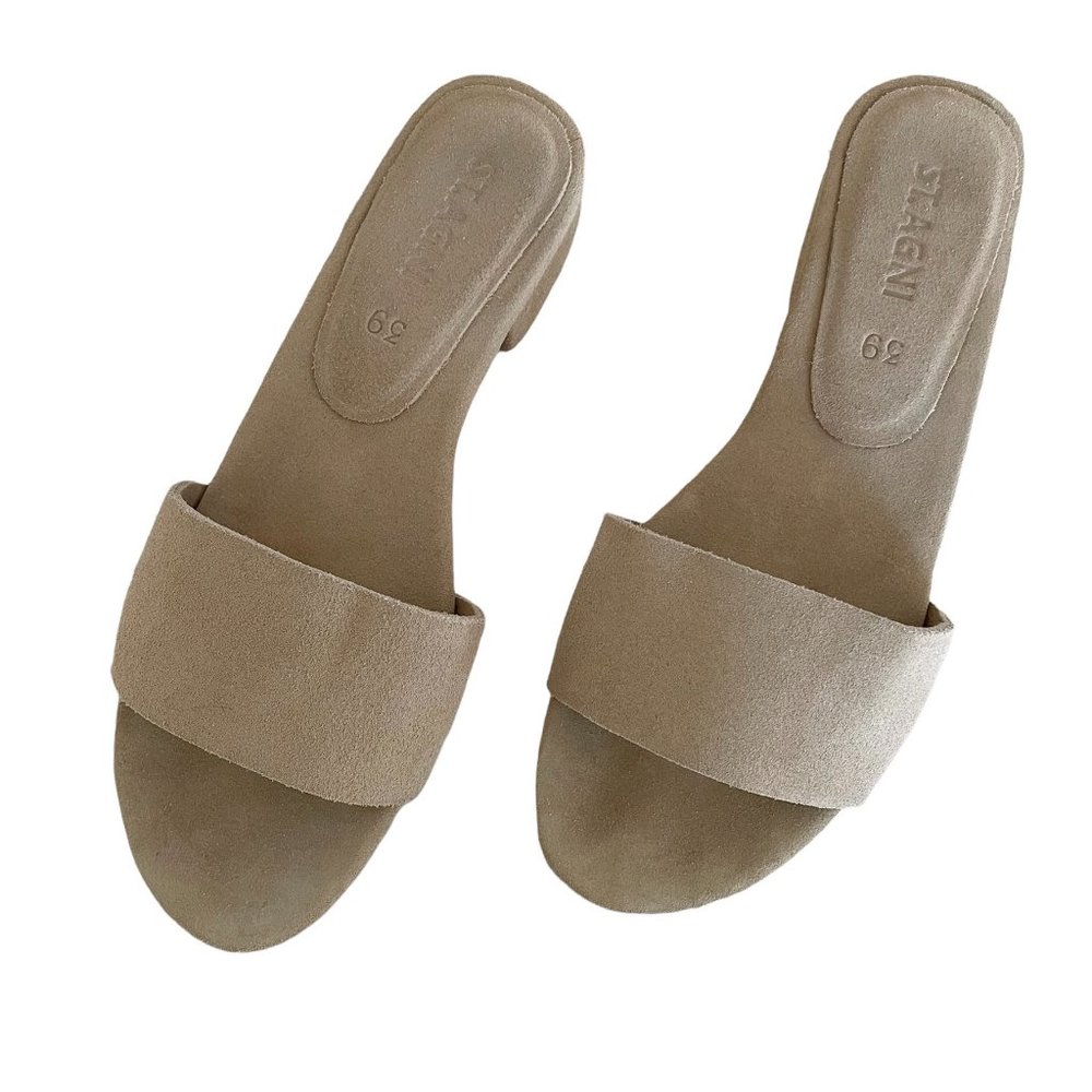St. Agni suede one strap slide sandal
